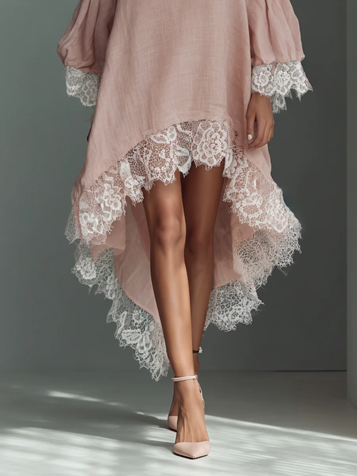 Women's Linen Lace High-Low Smock Dress Boho Tunic