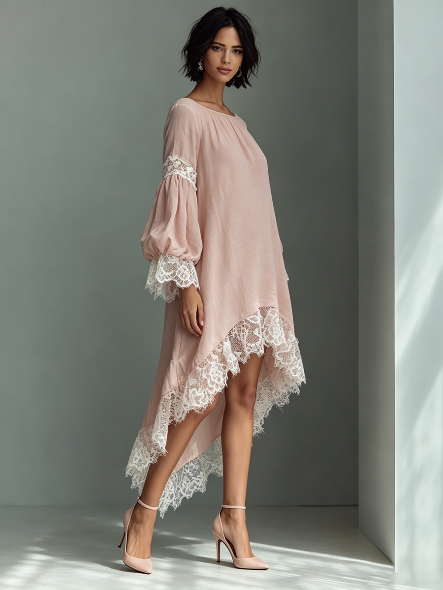 Women's Linen Lace High-Low Smock Dress Boho Tunic