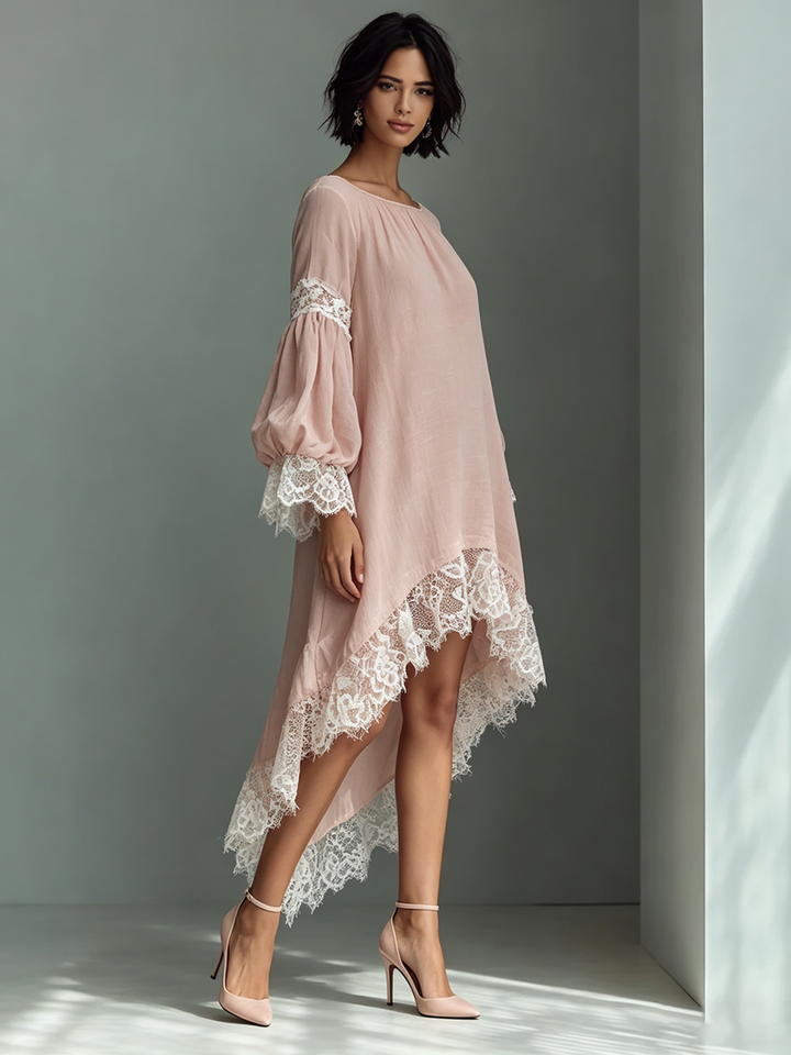 Women's Linen Lace High-Low Smock Dress Boho Tunic