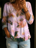 Women's Linen Blouse Retro Floral Print Long Sleeve Shirt