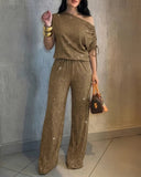 Women's Sparkle Knit Off-the-Shoulder Two Piece Wide Leg Set