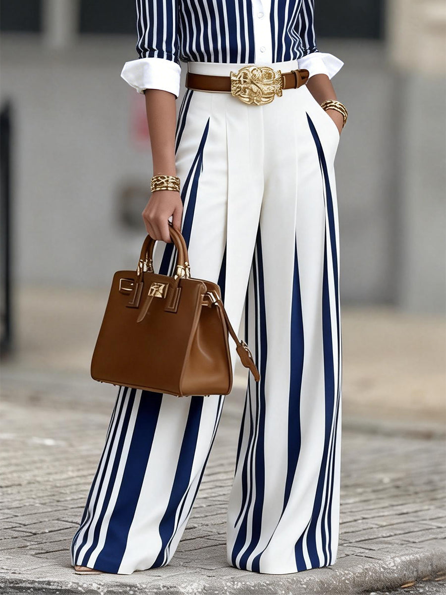Women's Linen High Waisted Wide Leg Striped Trousers