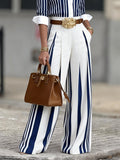 Women's Linen High Waisted Wide Leg Striped Trousers