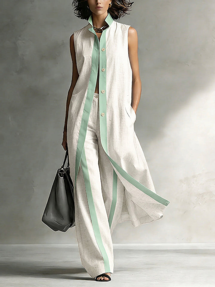Women's Linen Sleeveless Maxi Shirt and Wide Leg Trousers Set