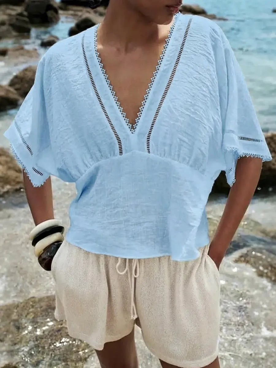 Women's Linen V-Neck Top Short Sleeve Blouse Casual Shirt