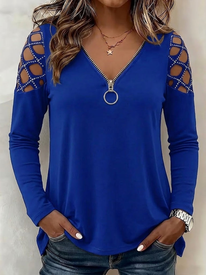 Blouse à manches longues pour femme en maille, col en V avec fermeture éclair, pull-over