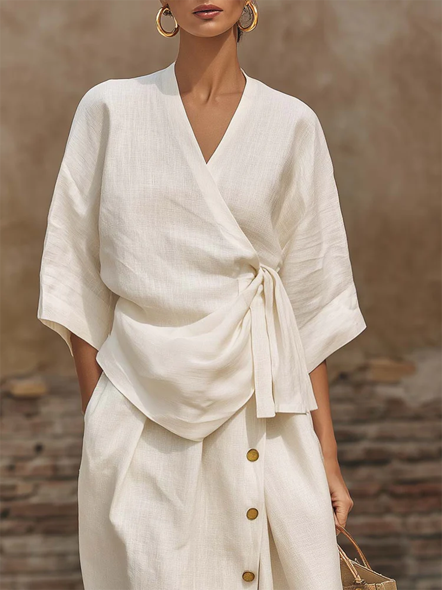 Women's Linen Wrap Top and Skirt Two Piece Set