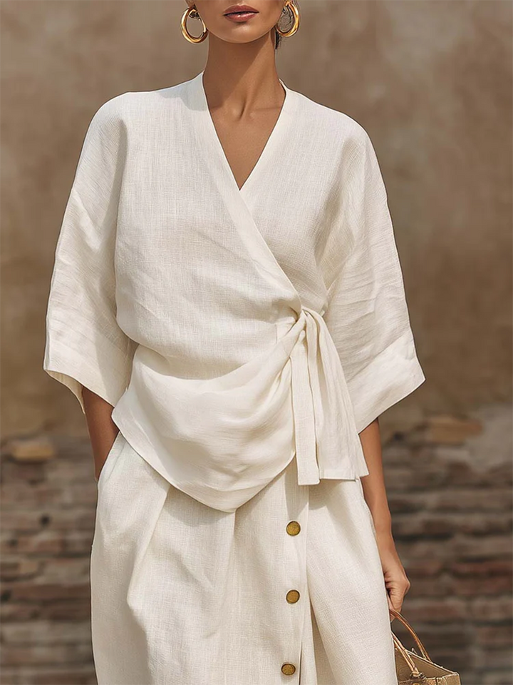 Women's Linen Wrap Top and Skirt Two Piece Set