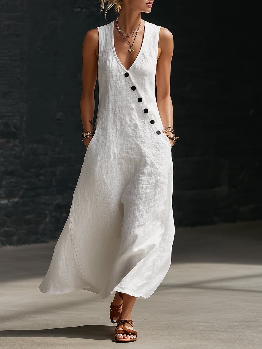 Women's Linen Sleeveless V-Neck Maxi Dress