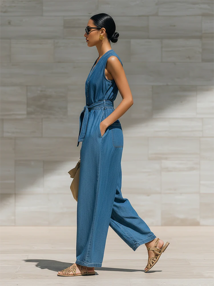 Women's V-Neck Sleeveless Denim Jumpsuit with Belted Waist