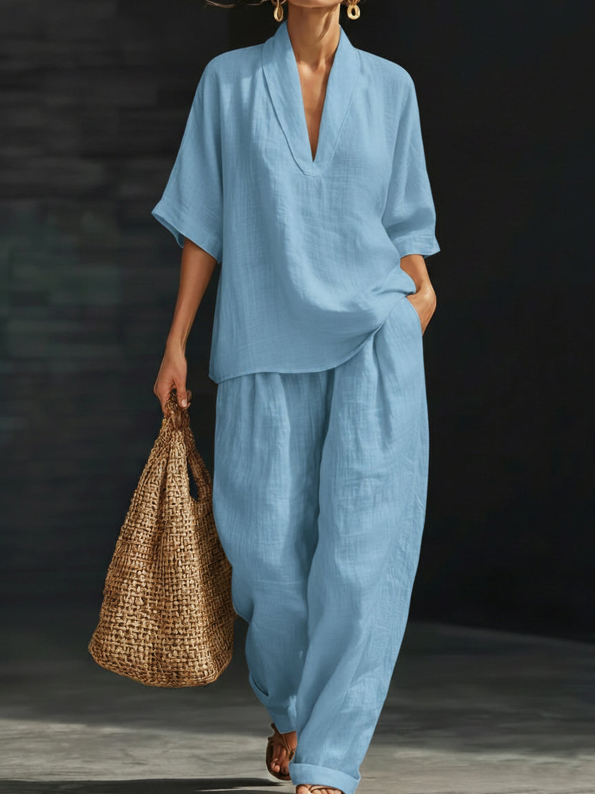 Women's Linen Two Piece Set V Neck Short Sleeve Top and Wide Leg Trousers