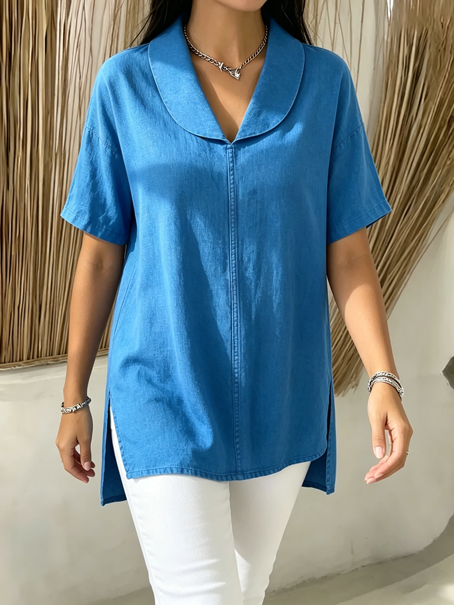Women's Linen Blouse Short Sleeve V Neck Tunic Top