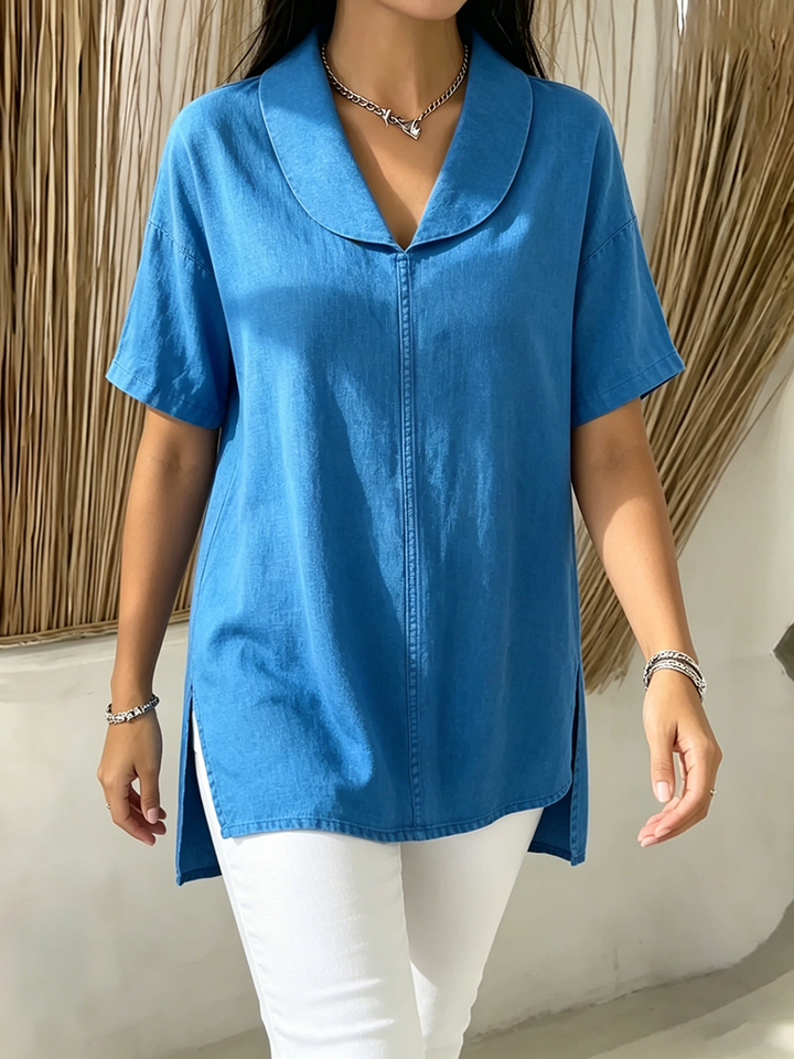 Women's Linen Blouse Short Sleeve V Neck Tunic Top