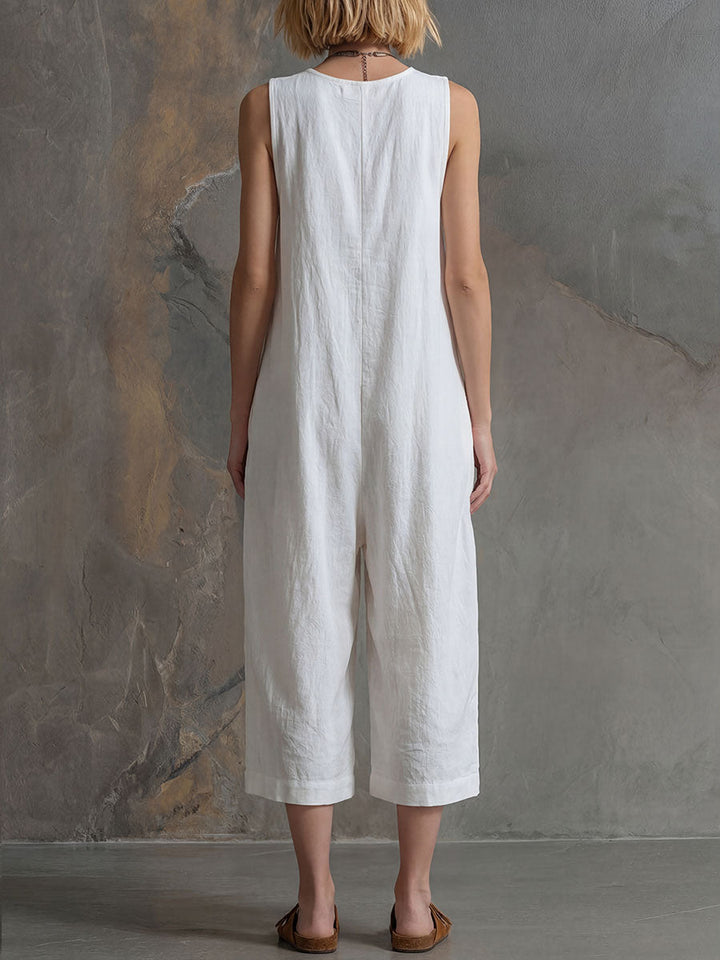 Women's Linen Sleeveless Jumpsuit Round Neck Casual Wide Leg Overalls