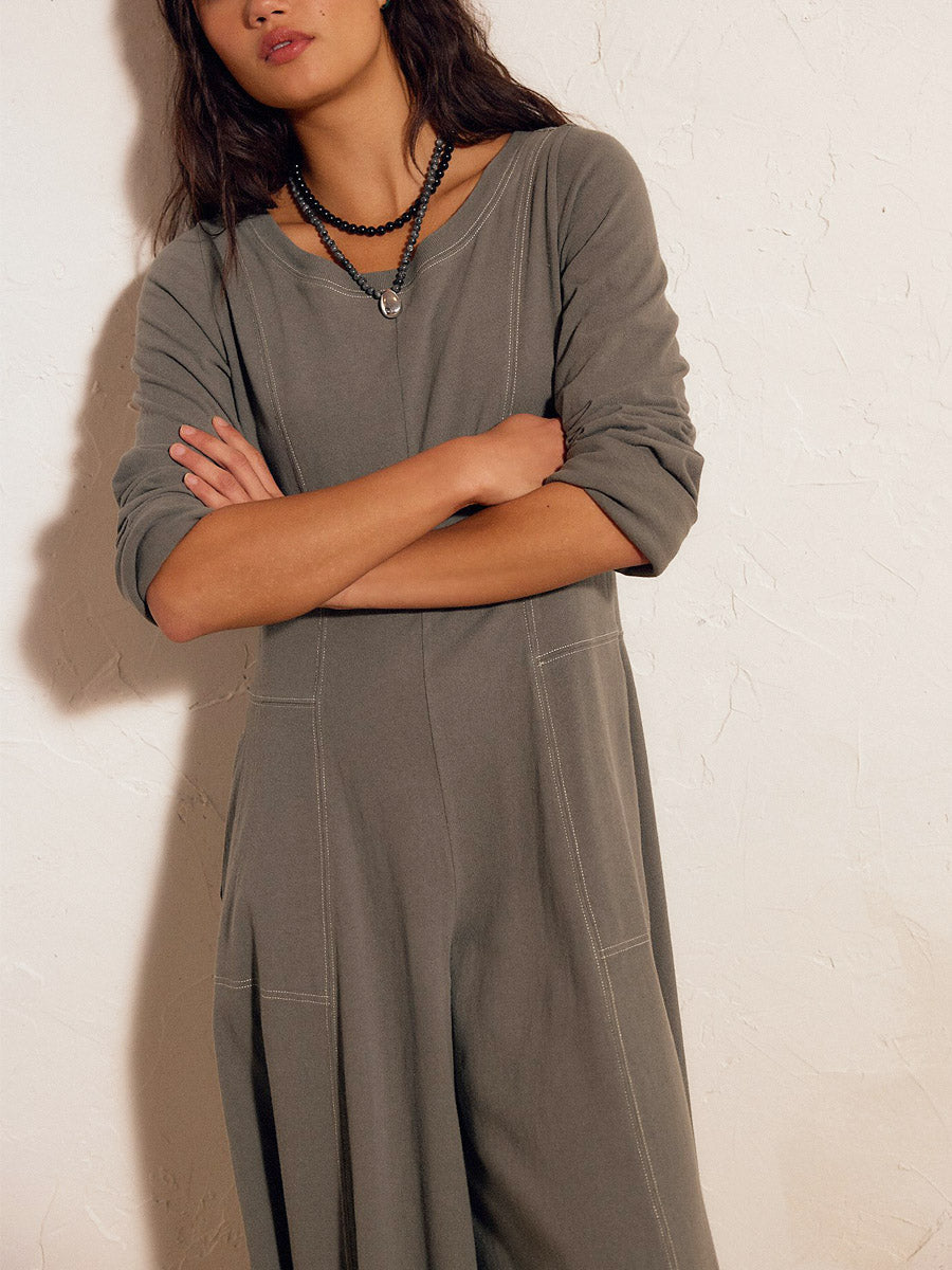 Women's Linen Long Sleeve Wide Leg Crew Neck Jumpsuit