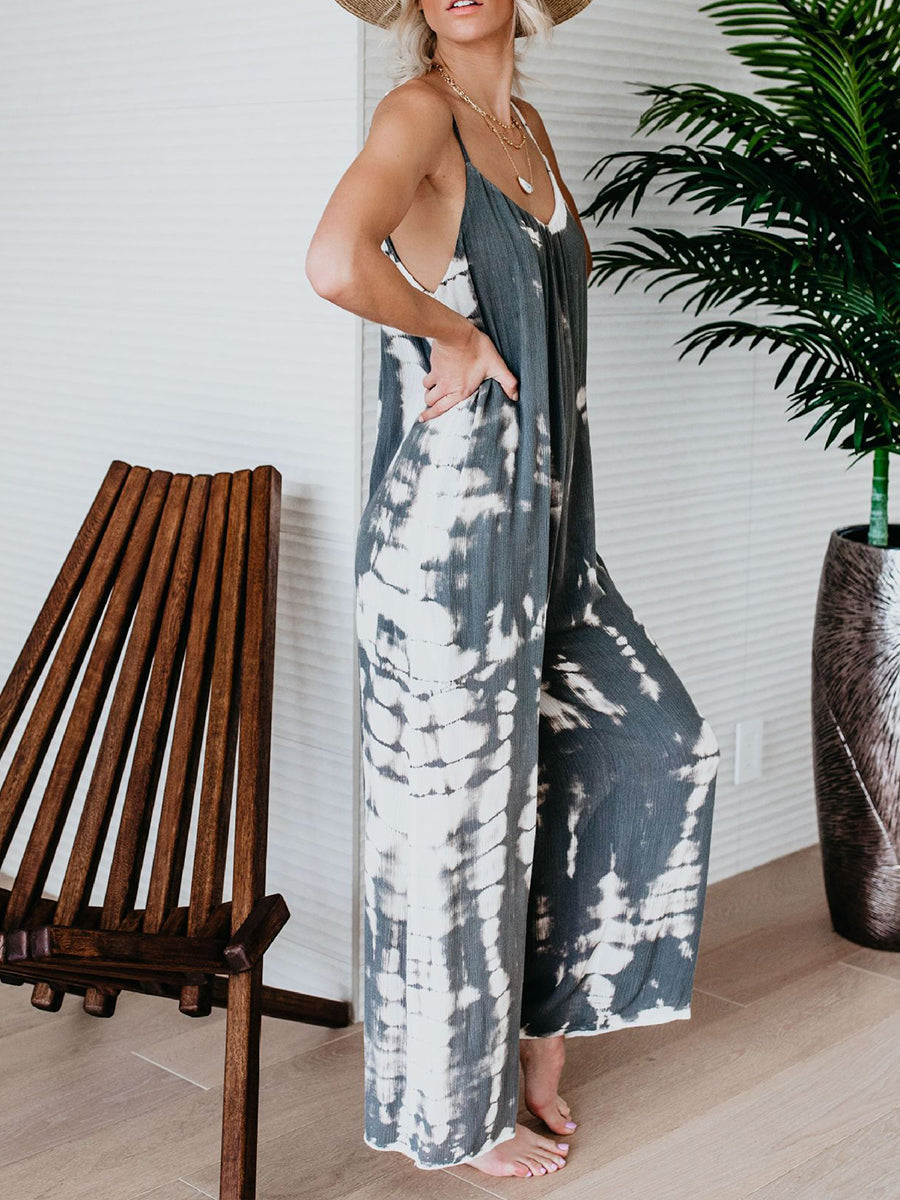 Women's Linen Tie-Dye Wide Leg Harem Jumpsuit