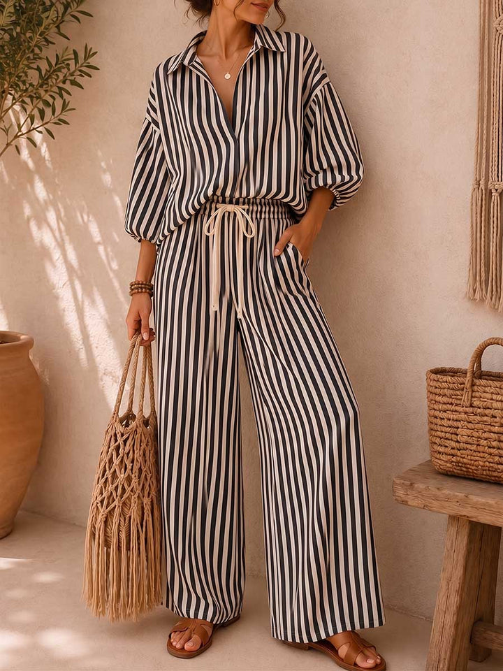 Women's Two-Piece Set Linen Striped Shirt & Wide-Leg Pants