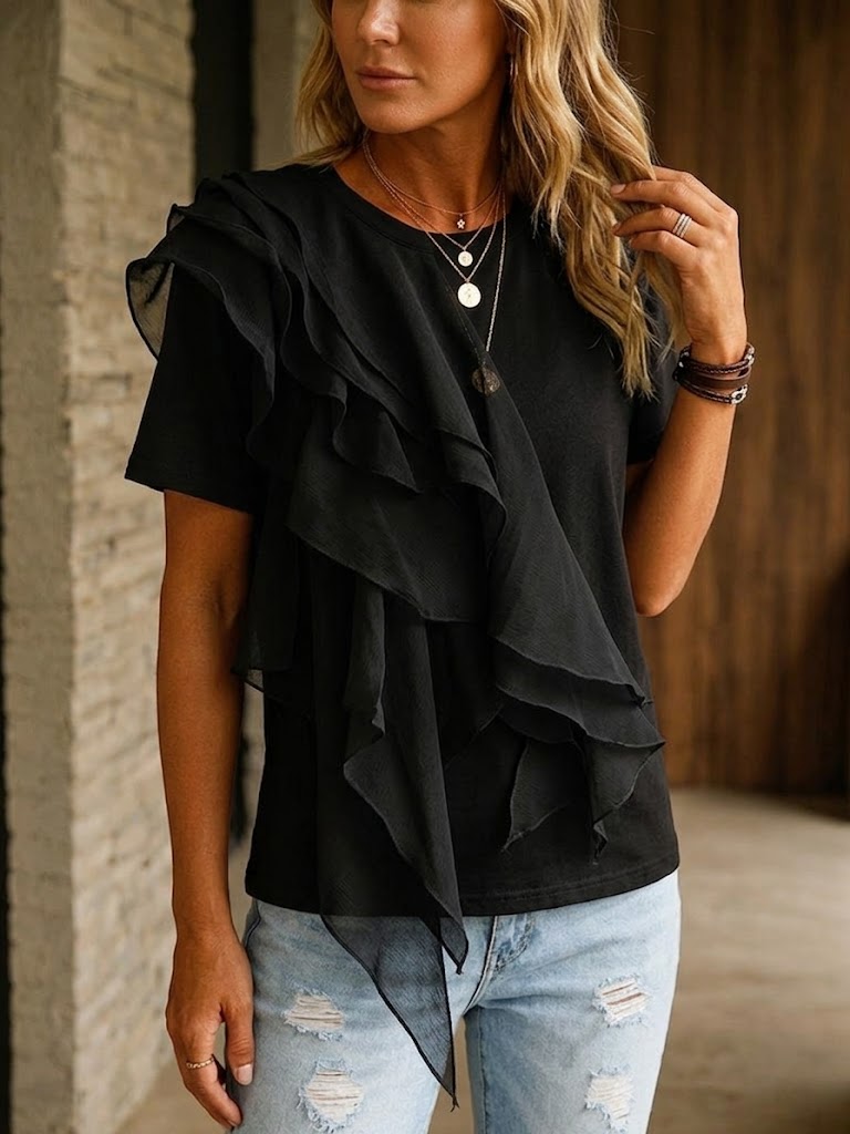 Women's Knit Round-Neck Short Sleeve Ruffle Blouse
