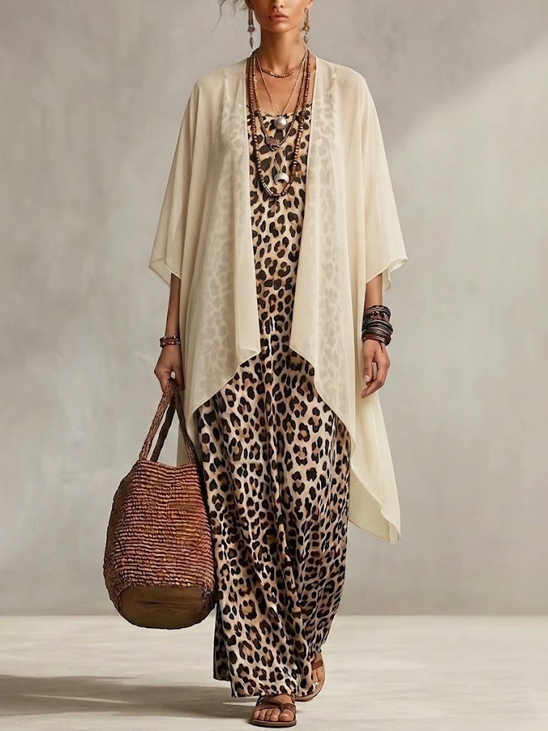 Women's Chiffon Cardigan and Leopard Print Maxi Dress Two Piece Set
