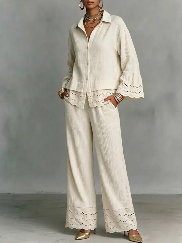 Women's Linen Wide Leg Trousers and Ruffle Top Two Piece Set