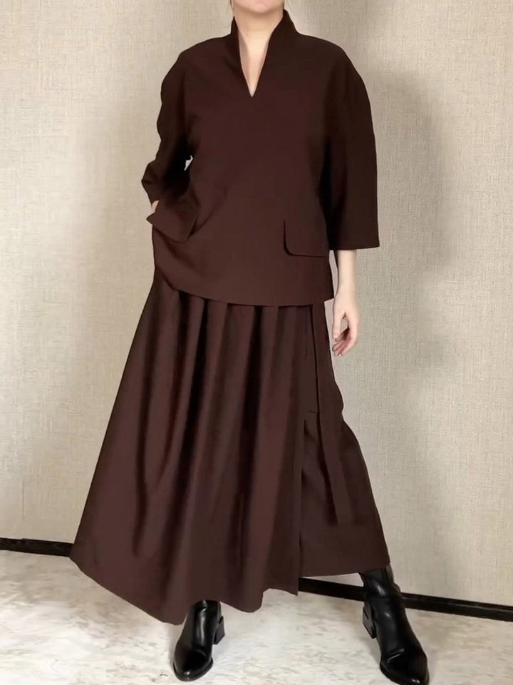 Women's Wool Maxi Skirt and V-Neck Top Set