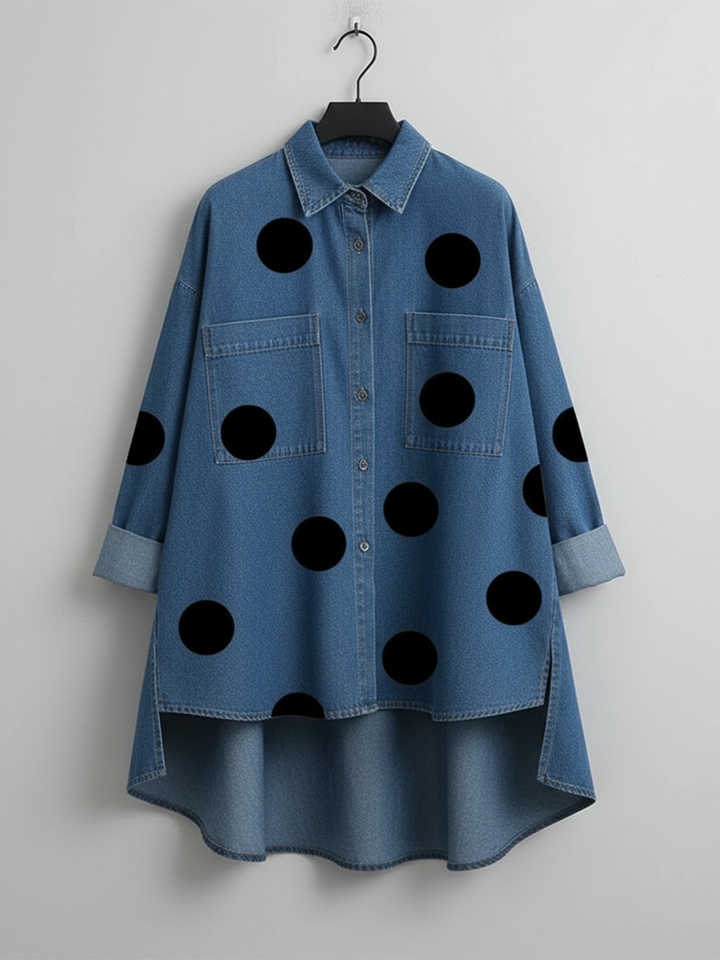 Women's Polka Dot Denim Shirt Oversized Button Up Blouse Long Sleeve Top