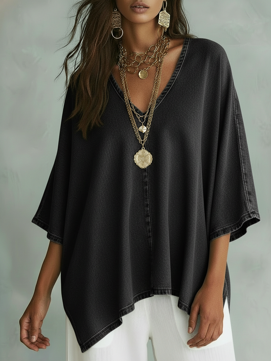 Women's V-Neck Chambray Denim Loose Fit Shirt