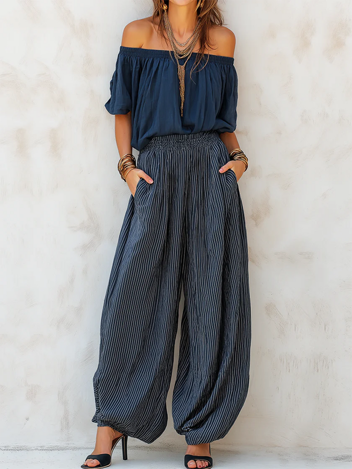 Women's Off-Shoulder Striped Linen Two-Piece Set