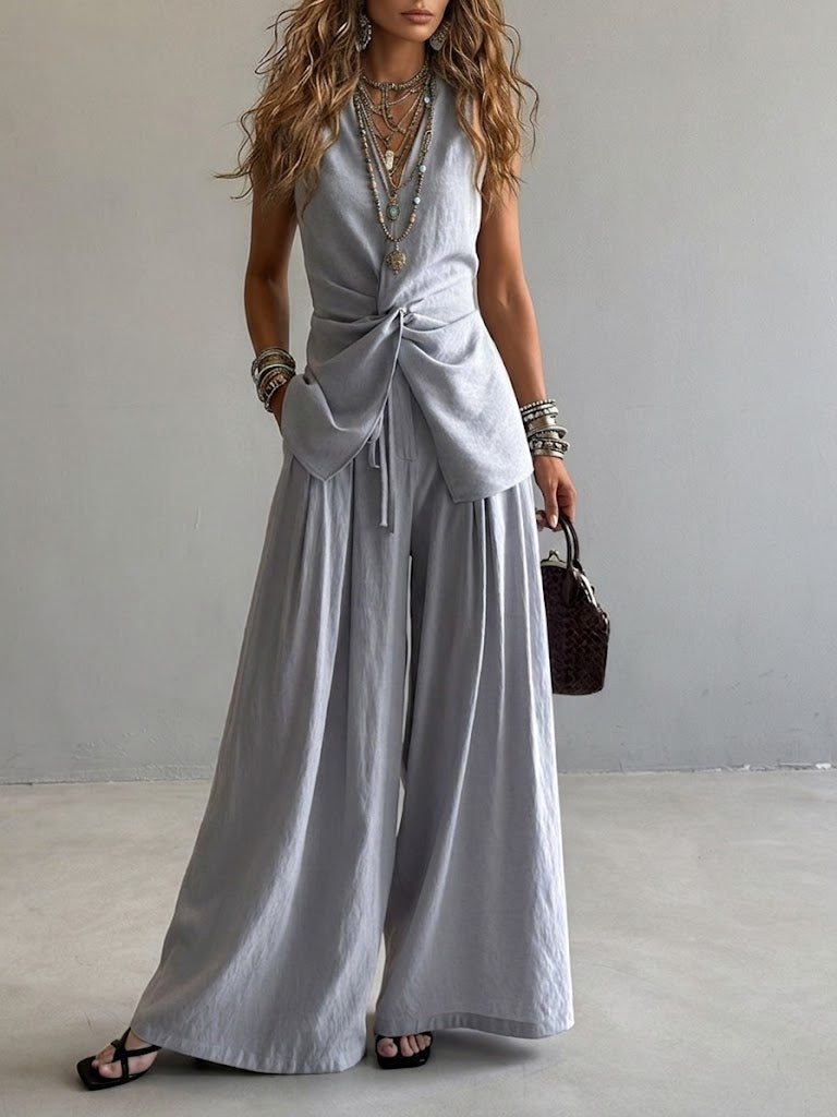 Women's Linen Two Piece Set  Sleeveless Wrap Top & Wide Leg Pants