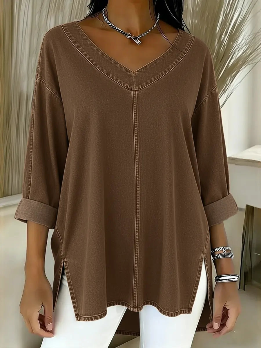 Women Denim V-Neck Tunic Blouse T-Shirt