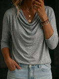 Women's Linen Cowl Neck Long Sleeve Top - Casual Relaxed Fit Blouse