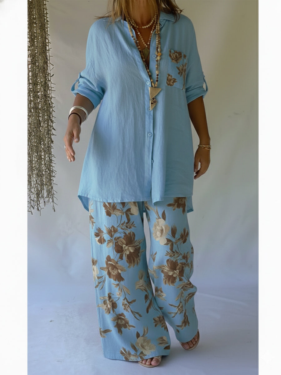 Women's Linen Two Piece Set Loose Long Sleeve Shirt Wide Leg Trousers Outfit