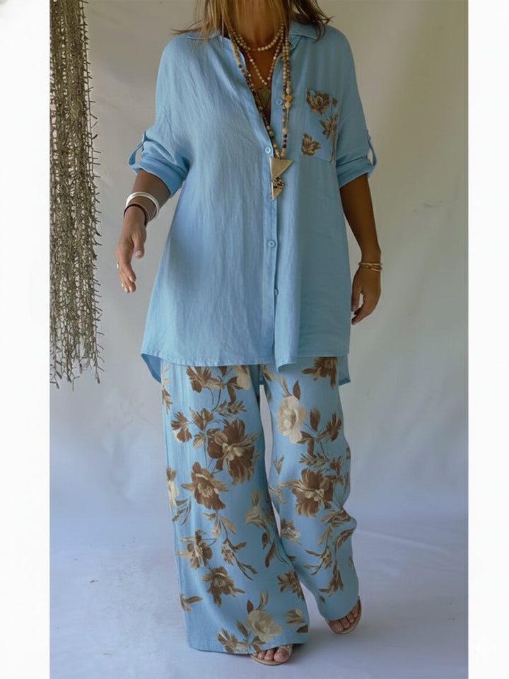 Women's Linen Two Piece Set Loose Long Sleeve Shirt Wide Leg Trousers Outfit