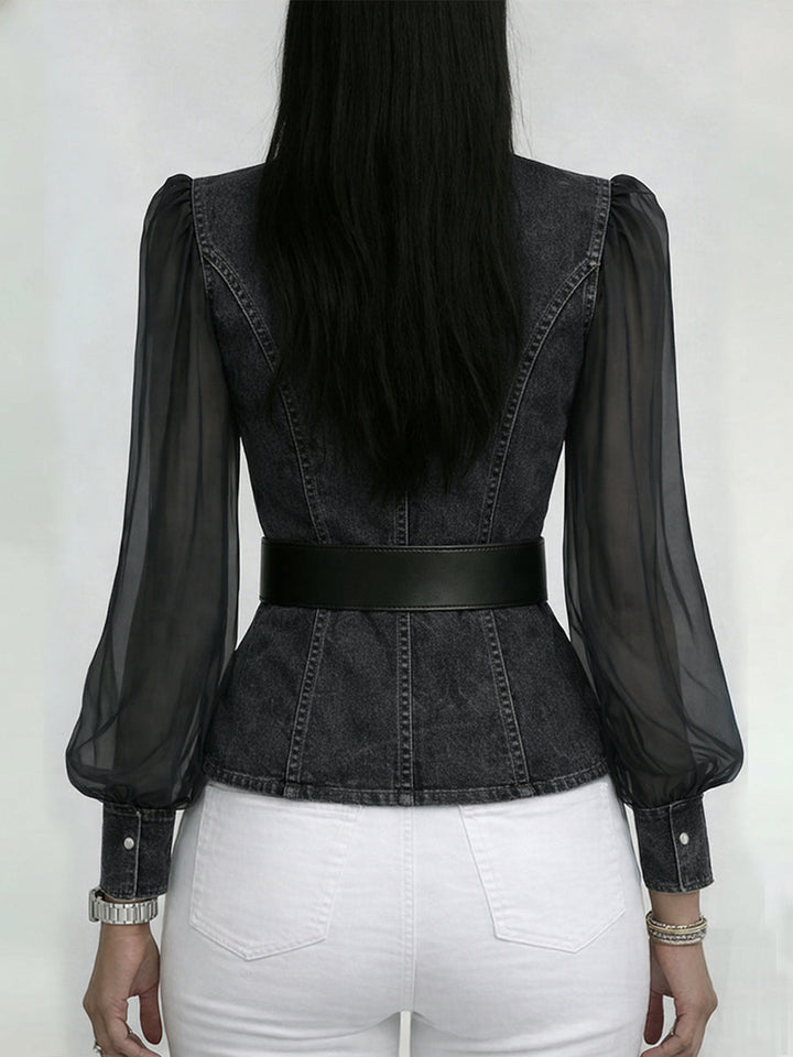 Women Denim Mesh Lantern Sleeve Belted Top