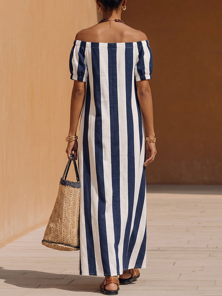 Women's Striped Off-Shoulder Linen Maxi Dress