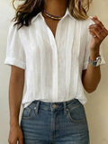 Women's Linen Blouse V Neck Short Sleeve Casual Shirt