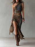 Women's Wool Blend One Shoulder Boho Maxi Dress