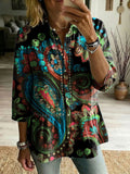 Women's Linen Blouse Paisley Print V-Neck Long Sleeve Shirt