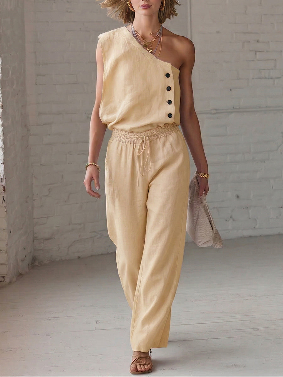 Women's Linen Two Piece Set One Shoulder Top and Wide Leg Trousers