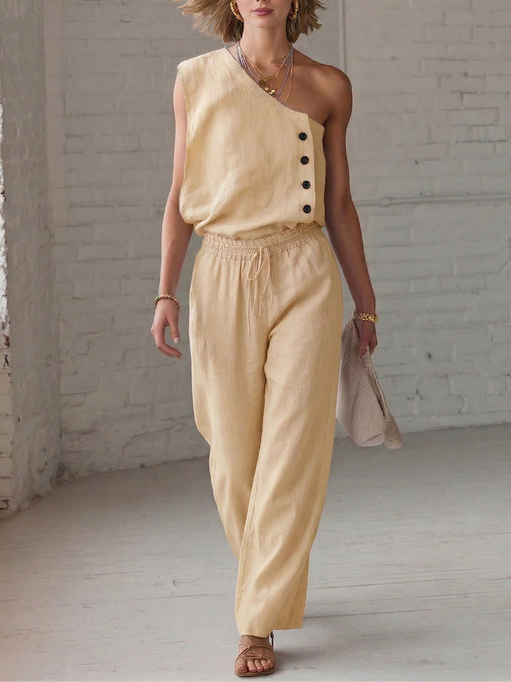 Women's Linen Two Piece Set One Shoulder Top and Wide Leg Trousers