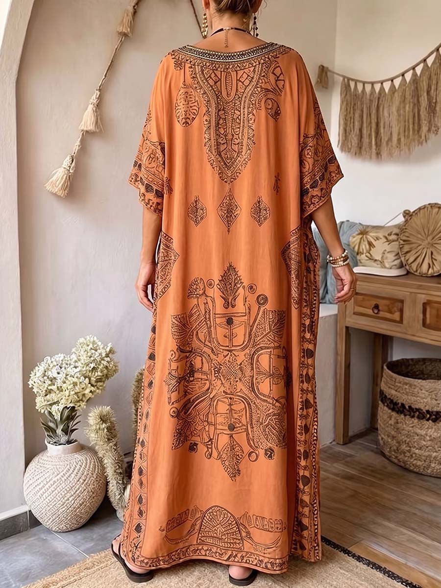 Women's V-Neck Three-Quarter Sleeve Placement Print Linen Kaftan Dress