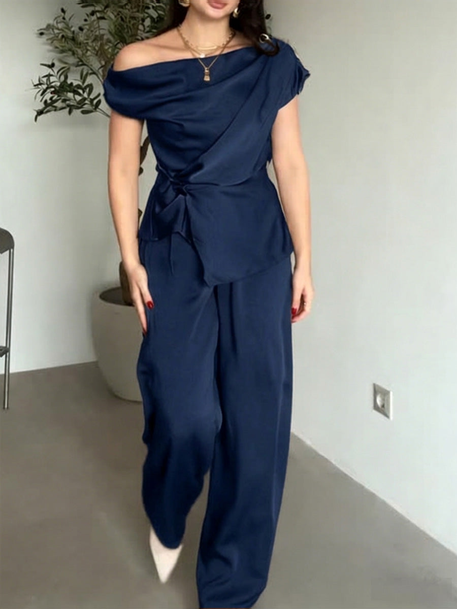 Women's Satin Two Piece Set Off-the-Shoulder Top & Wide Leg Pants