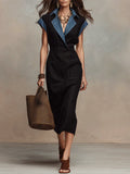 Women's Linen Midi Wrap V-Neck Sleeveless Dress