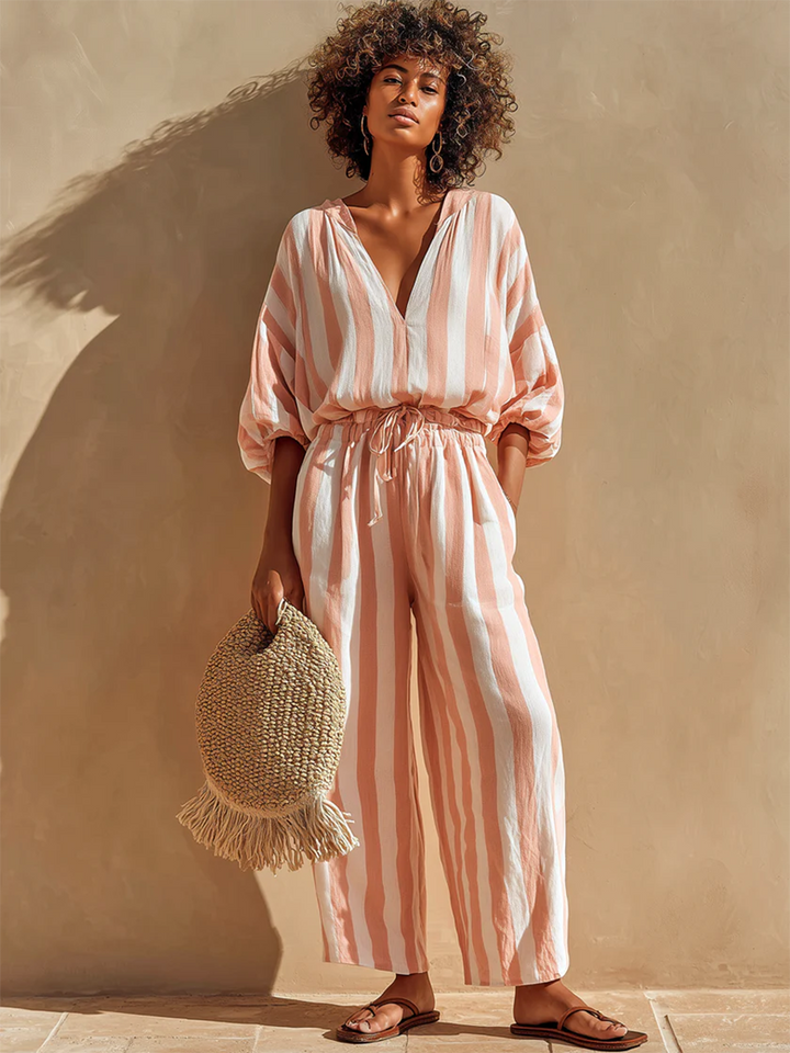 Women's Linen Two-Piece Set V-Neck Top and Striped Trousers Co-ord