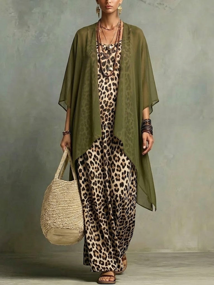 Women's Chiffon Cardigan and Leopard Print Maxi Dress Two Piece Set