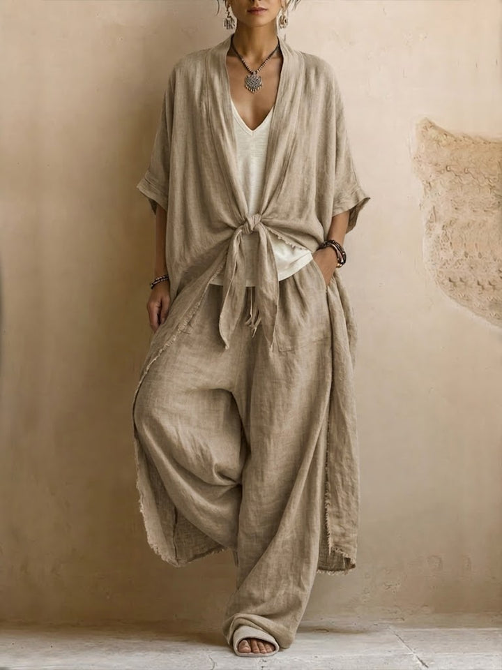 Women’s Linen Two Piece Set Wide Leg Trousers and Tie Front Kimono Top