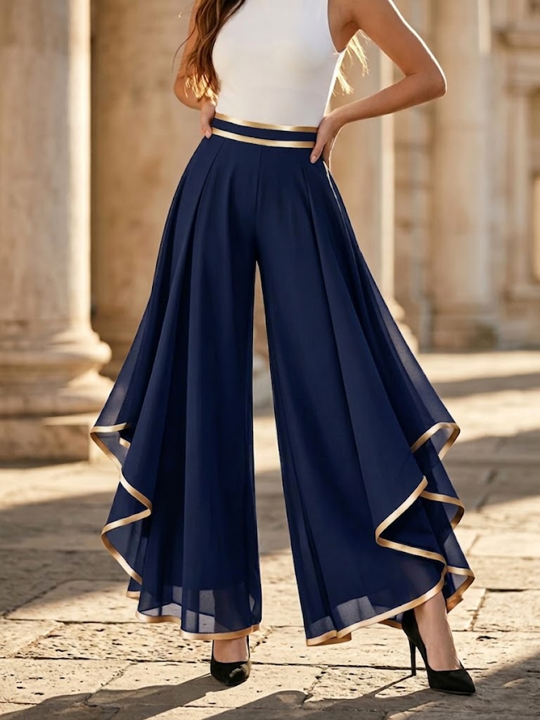 Women's Chiffon High Waist Wide Leg Flowy Palazzo Trousers