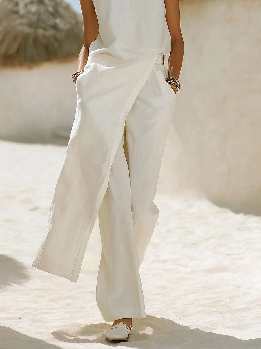 Women's Linen Sleeveless Top and Wide Leg Pants Two Piece Set