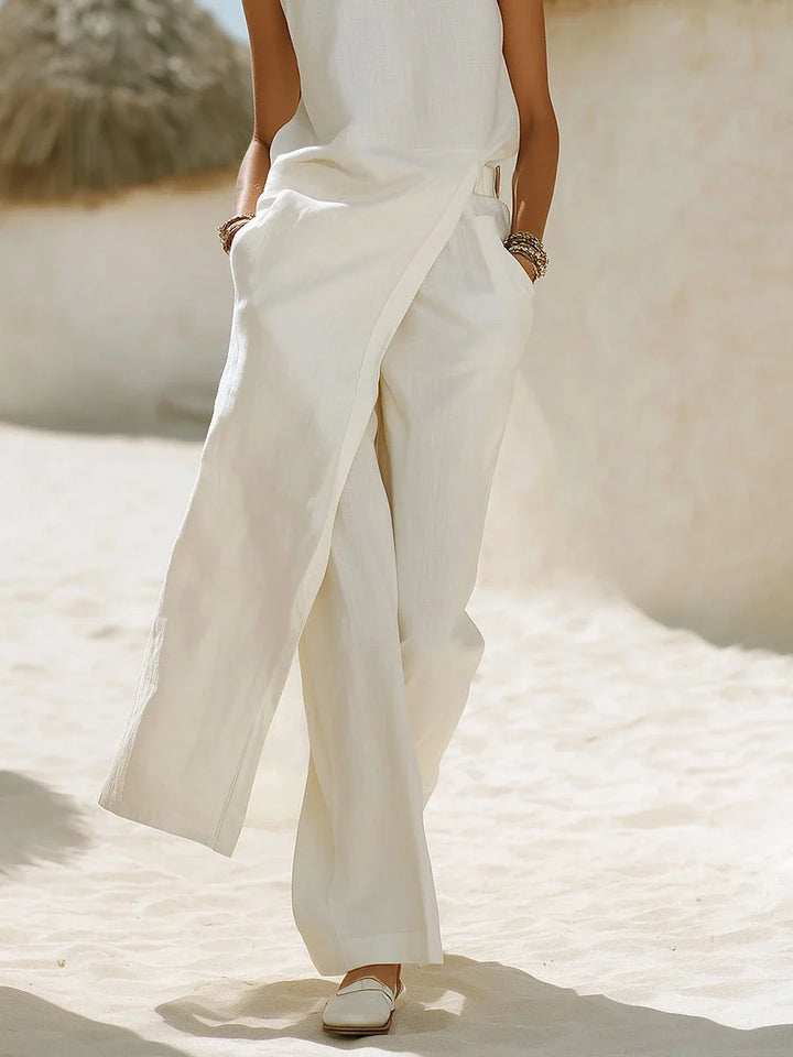 Women's Linen Sleeveless Top and Wide Leg Pants Two Piece Set