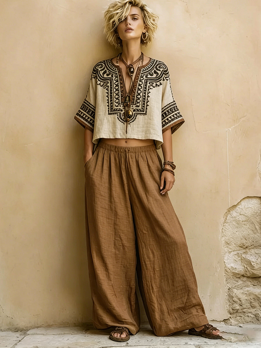 Linen Women's Boho Embroidered V-Neck Crop Top and Wide Leg Trousers Set